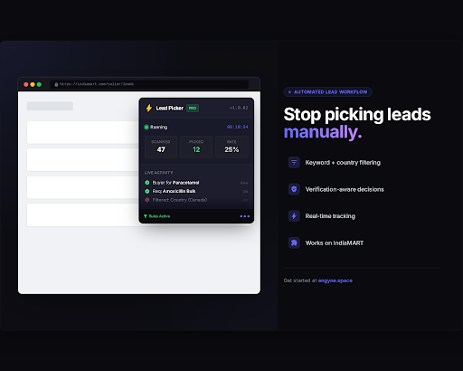 Engyne IndiaMART lead automation Chrome extension preview with live counters and filtering rules.